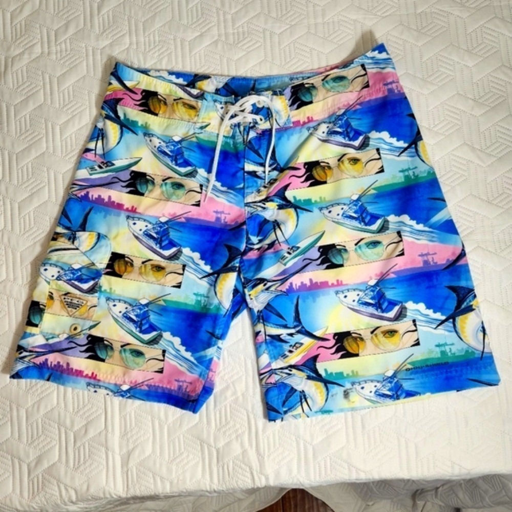 COLUMBIA CARGO SHORT PFG mens 38W OMNI SHIELD Fish Print Board Blue Yellow Pink